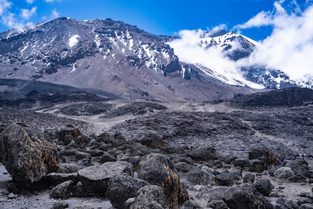 Rocky alpine terrain near the summit of Mount Kilimanjaro